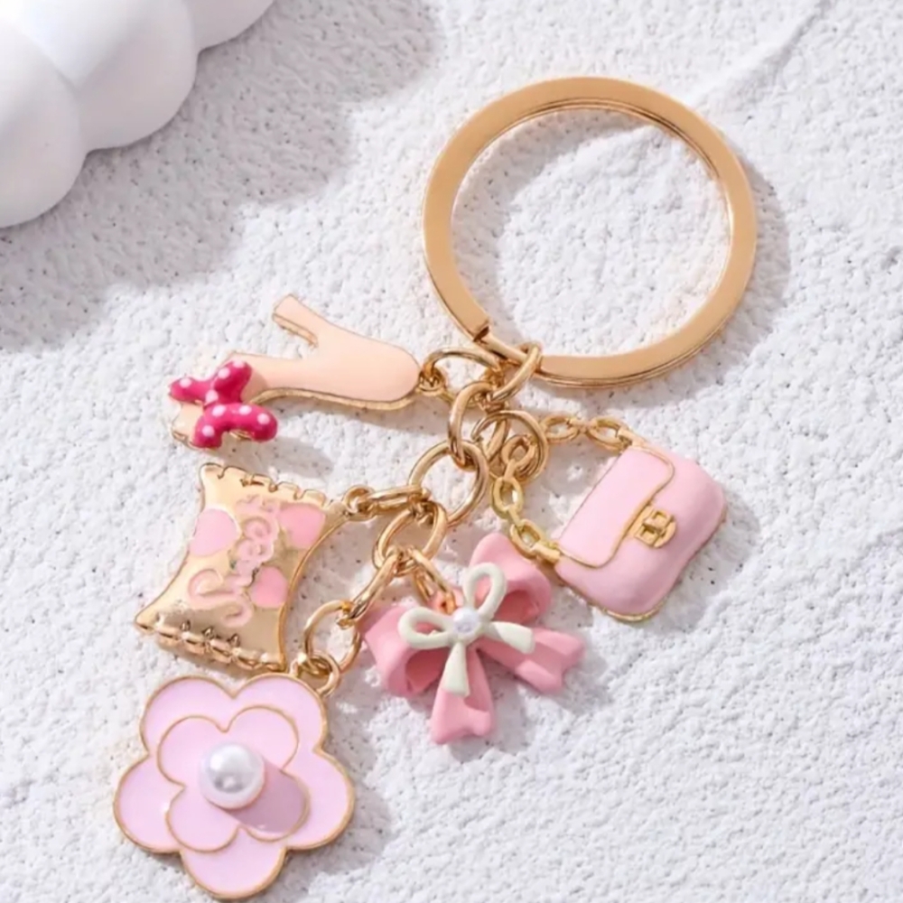 Multi-Charm Keychain in Pink & Gold, Heel, Purse, Flower, Bow, Candy